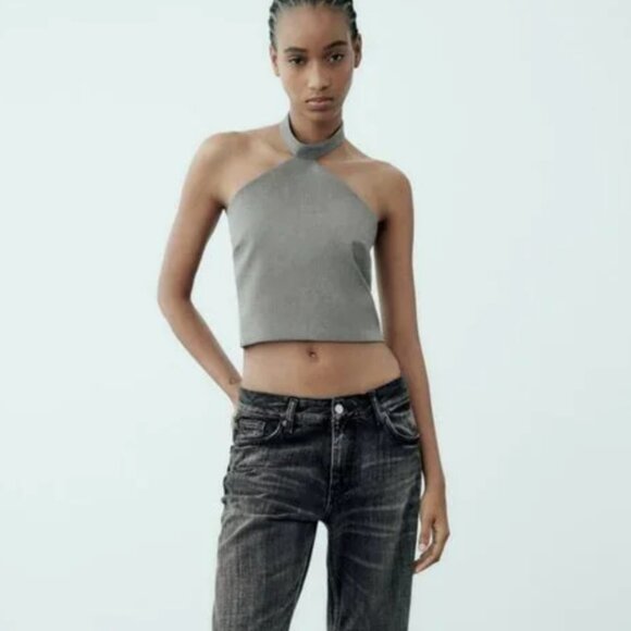 NWT ZARA TIE HALTER TOP GRAY - Picture 1 of 8